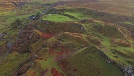 isle of skye aerial footage mountains, fairy glen rivers and geological formations clip 4 - drone