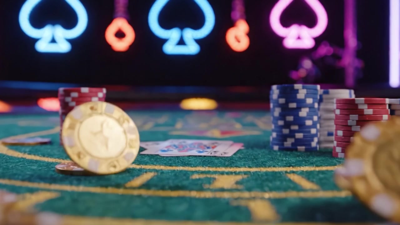 Momenti emozionanti catturati in una vibrante atmosfera da casinò, con carte illuminate, fiches colorate e un gioco strategico su un tavolo di feltro.