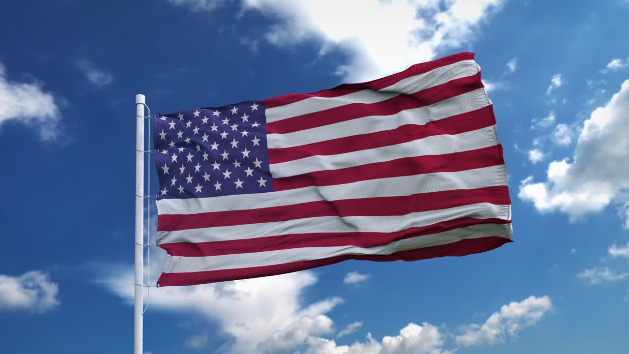 bandera realista de los estados unidos ondeando en el viento contra el cielo azul profundo. bucle sin costuras con textura de tela muy detallada, resolución 4k