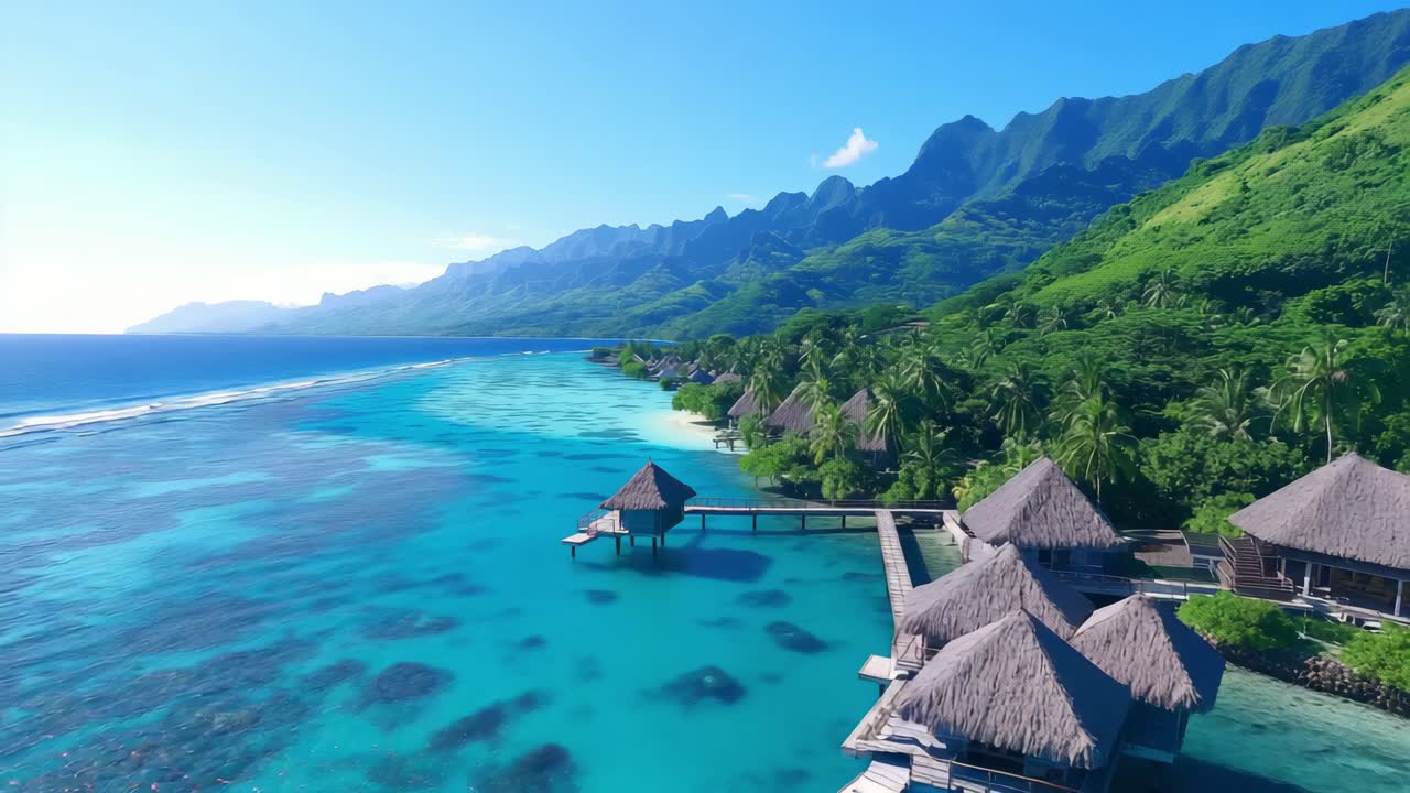 Breathtaking aerial view of luxurious overwater bungalows nestled in turquoise waters, with lush green mountains and idyllic white sand beaches creating a perfect tropical paradise