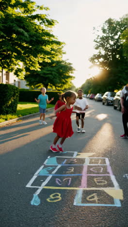 children playing hopscotch on a sunny street