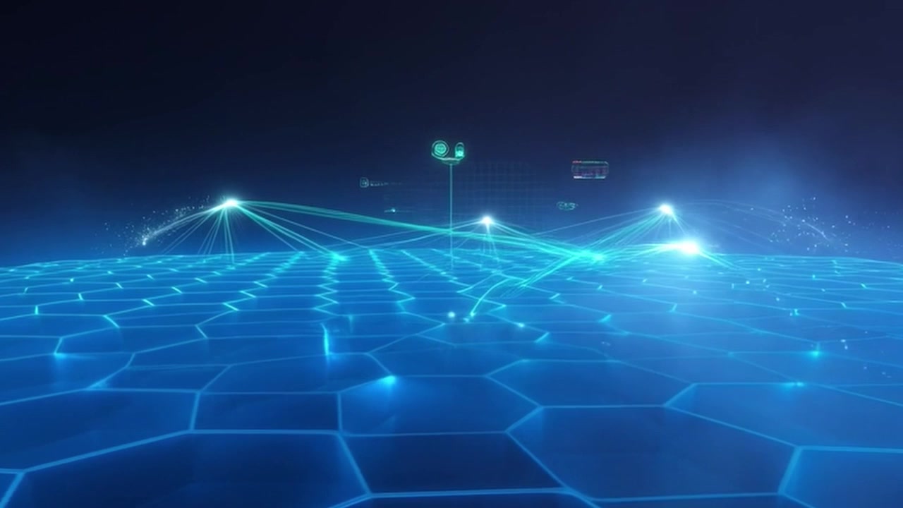 Digital Network Connection Over Glowing Blue Hexagonal Grid