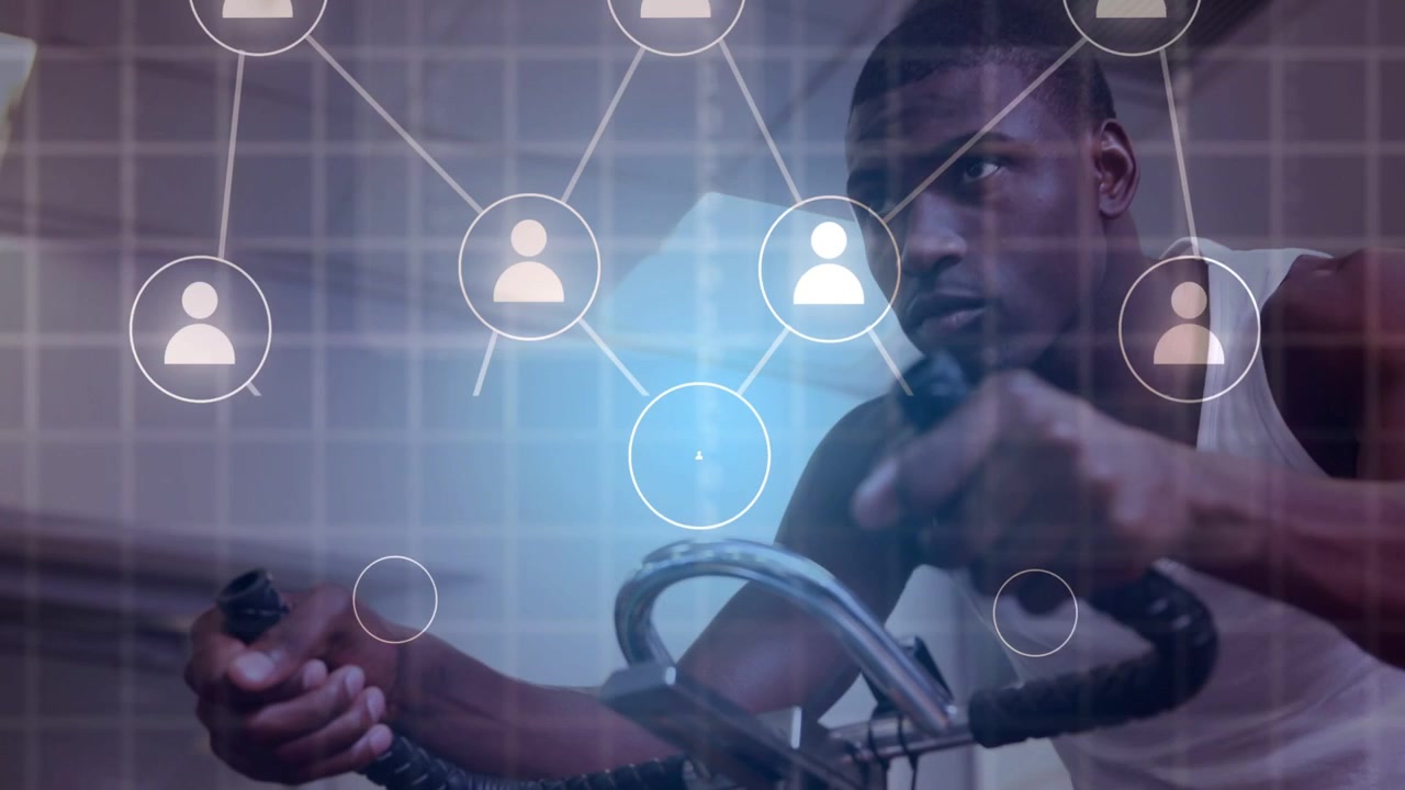Overlay appearing, gym athlete sitting on handles, pointing at nodes populating tracking metrics