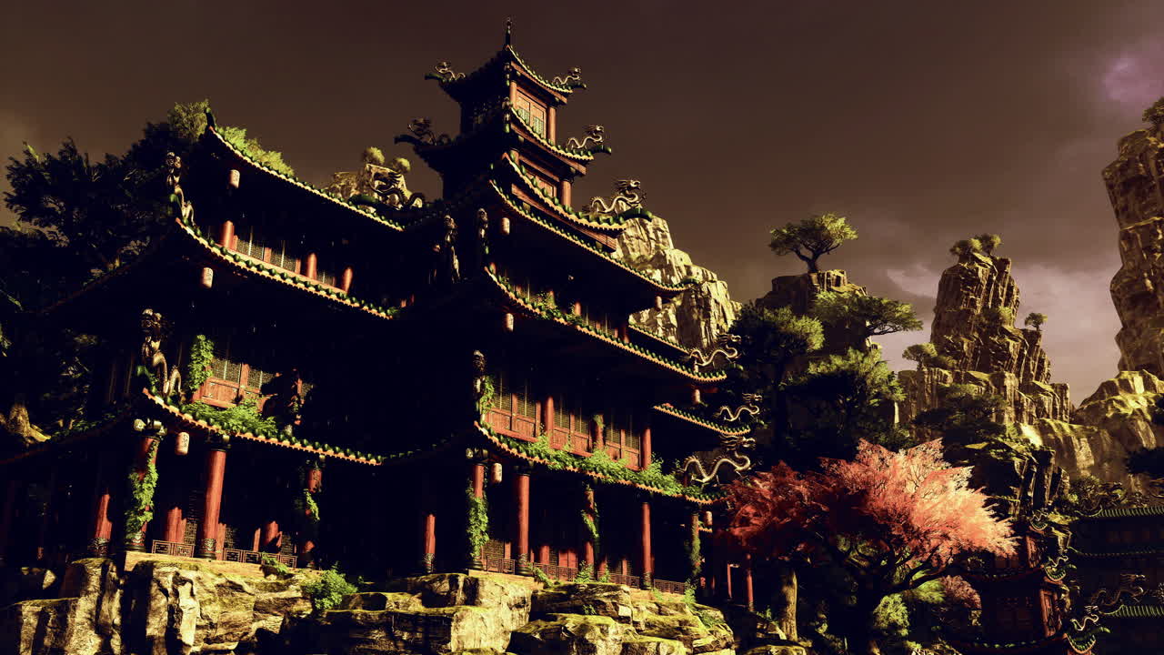 Majestic traditional architecture among rocky landscape in china at dusk