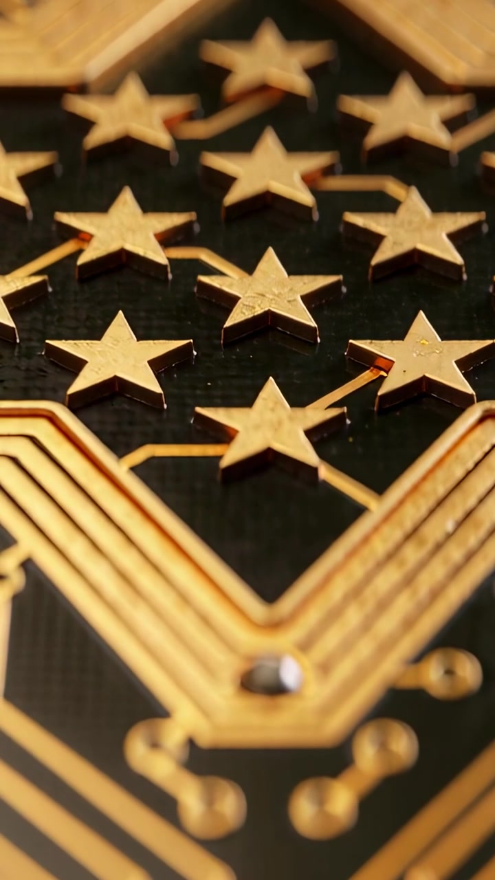 Vertikales Video: Schwenkende Kamera enthüllt goldene Sterne auf dunkler Bank, inspiziert Niete und Spuren