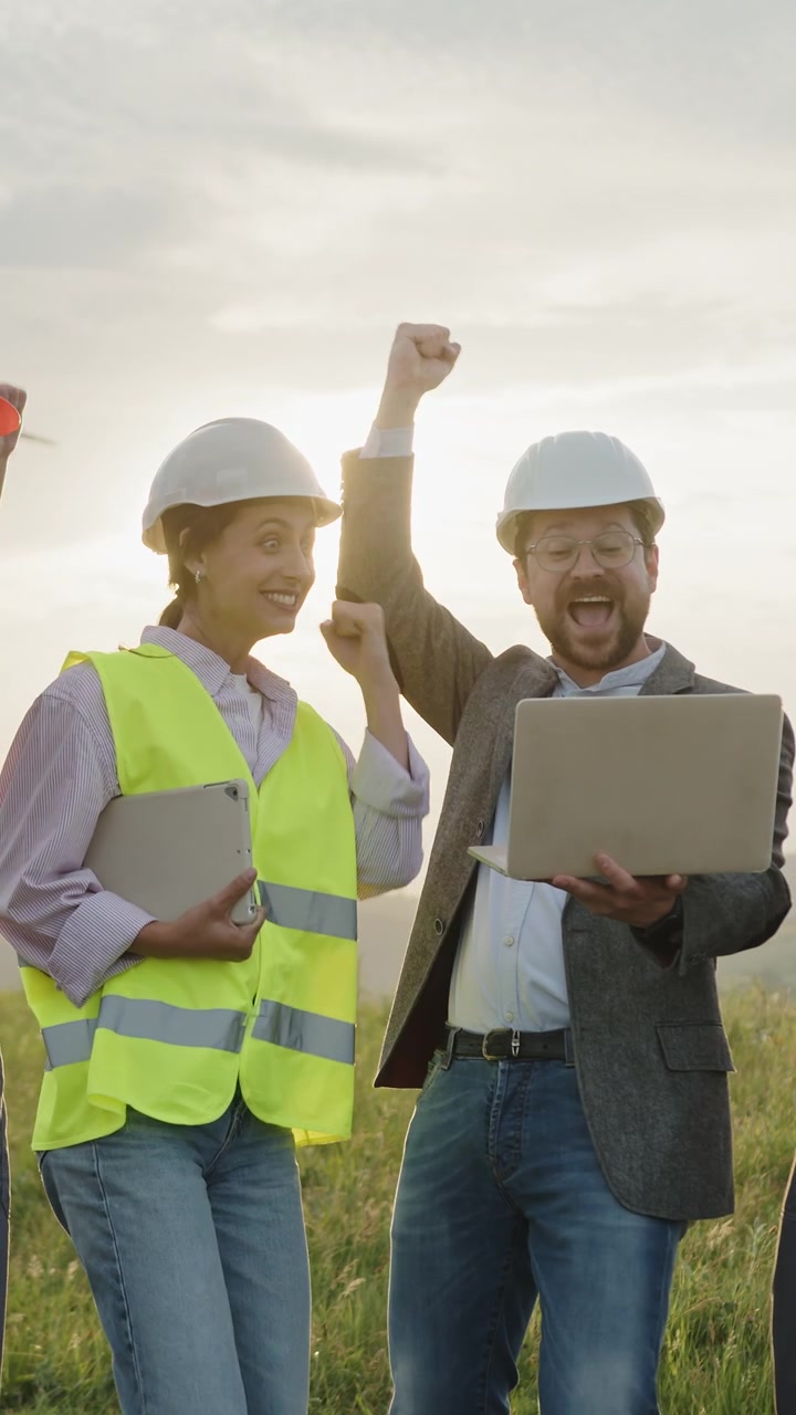 Team of engineers in hard hats and safety vests review data on laptops near wind turbines at sunset