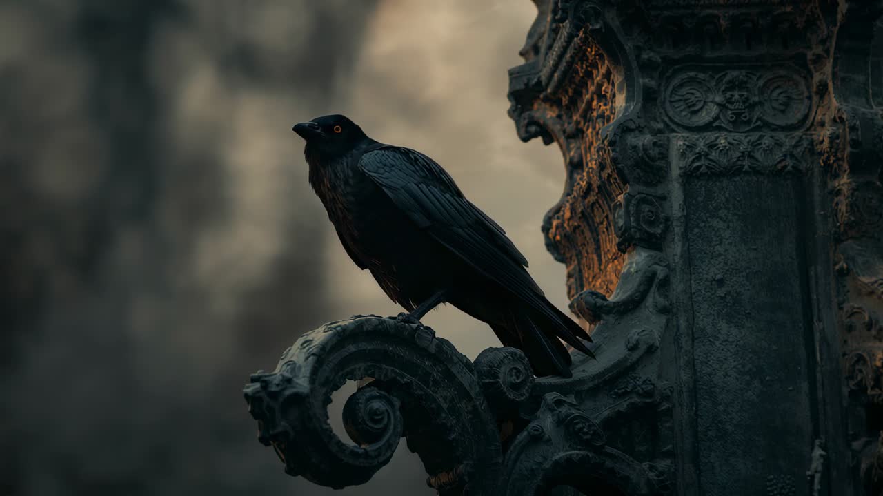 Noticing off-screen movement, black crow raising head on ornate stone column, copy space