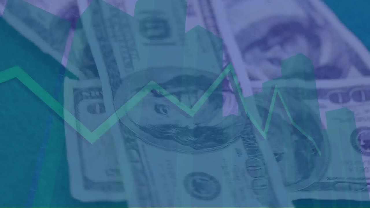 animación del procesamiento de datos financieros sobre billetes de dólares estadounidenses girando
