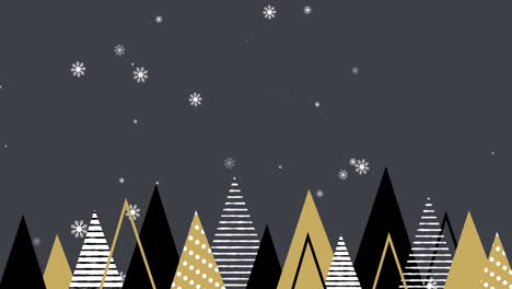 copos de nieve cayendo en los árboles de navidad contra un fondo gris