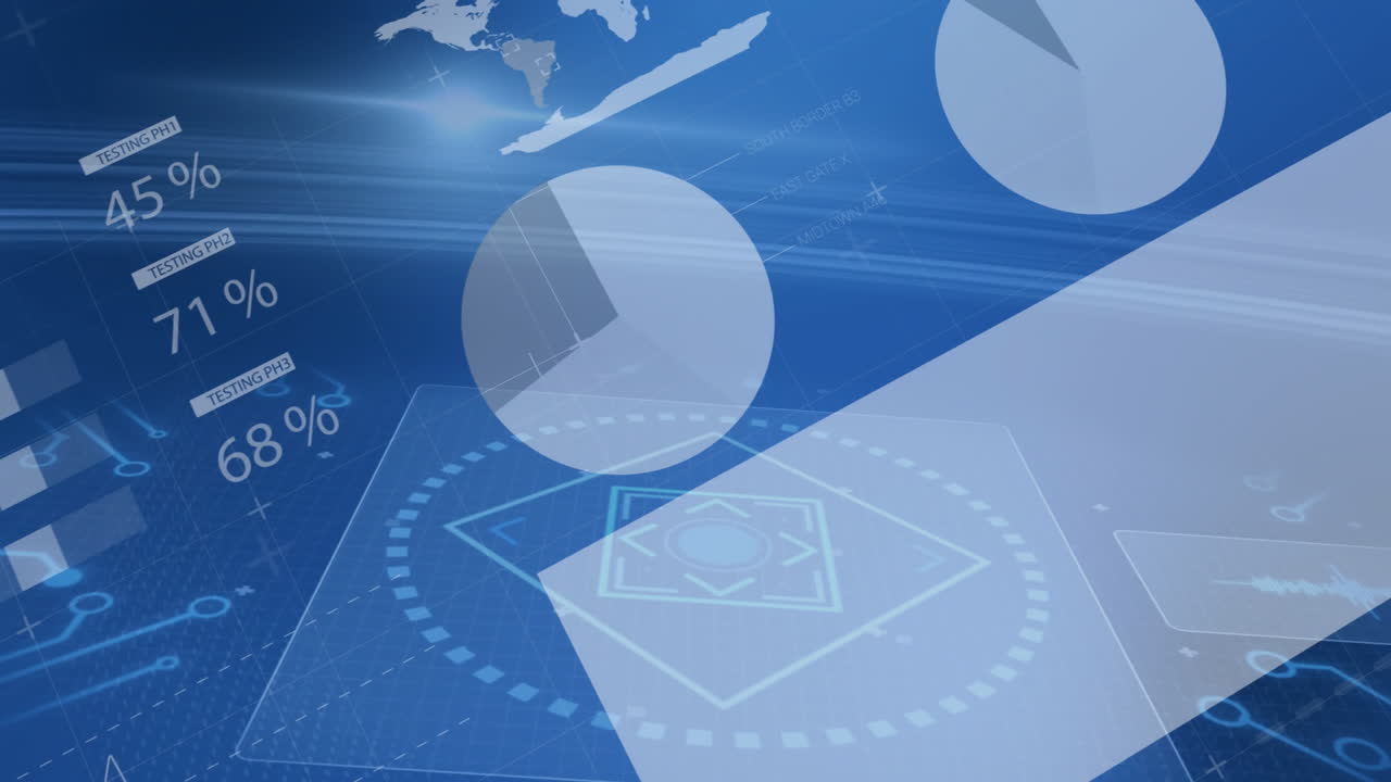 Analyzing digital data, pie charts and percentages on blue animation background