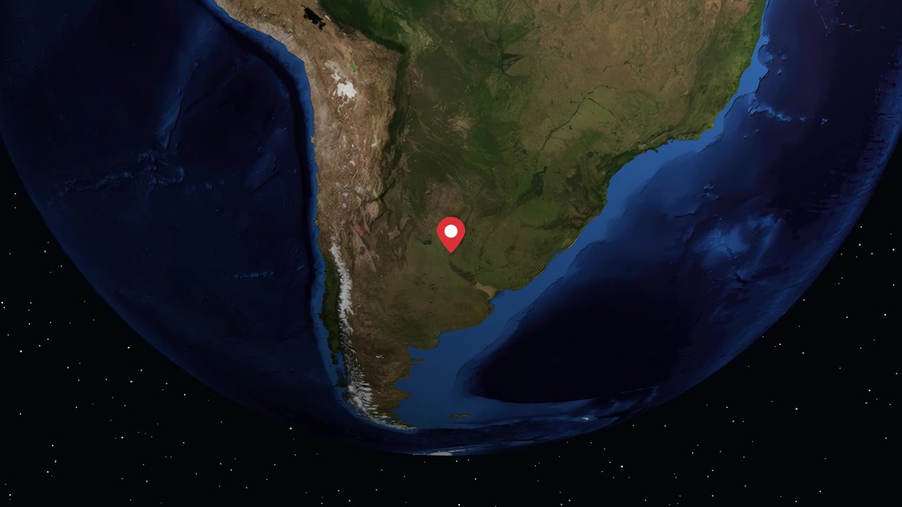 Digital globe rotates and zooms into South America, highlighting Santa Fe with geographic information