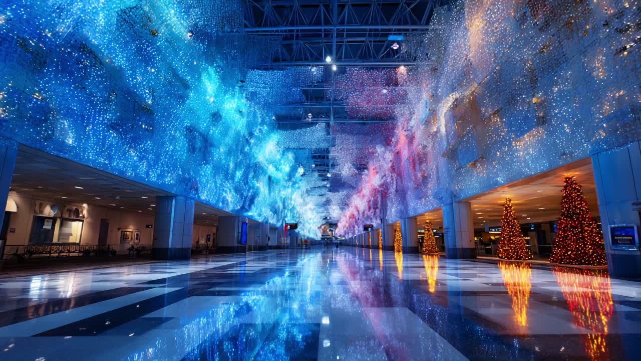 A Stunning Display of Colorful Holiday Lights Adorn the Expansive Terminal, Creating a Magical Atmosphere with Bright Reflections and Twinkling Ornaments for All to Enjoy