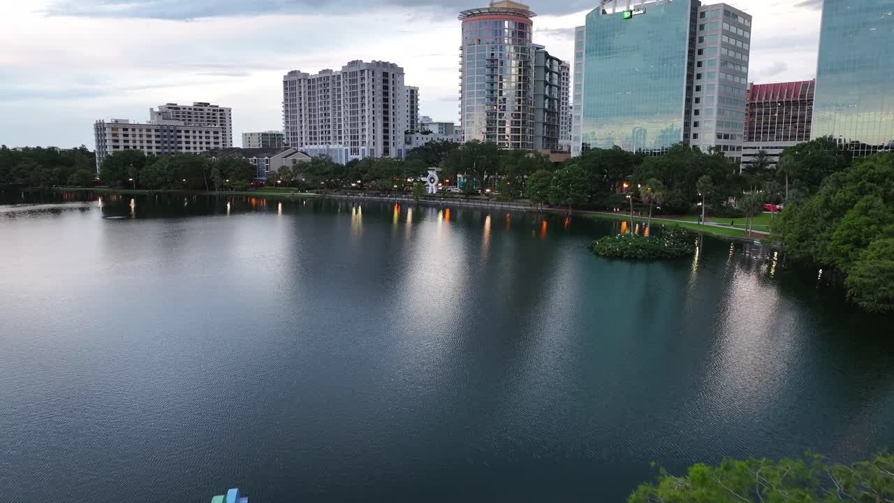 Lake Eola Park Amphitheater and Orlando City Skyline at Dusk
