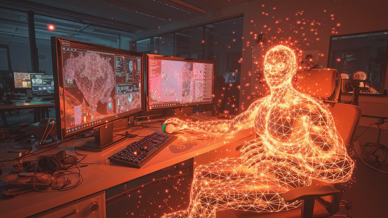 A futuristic digital workspace showcasing a holographic figure engaged with multiple computer monitors, embodying the intersection of technology and human interaction in a virtual environment