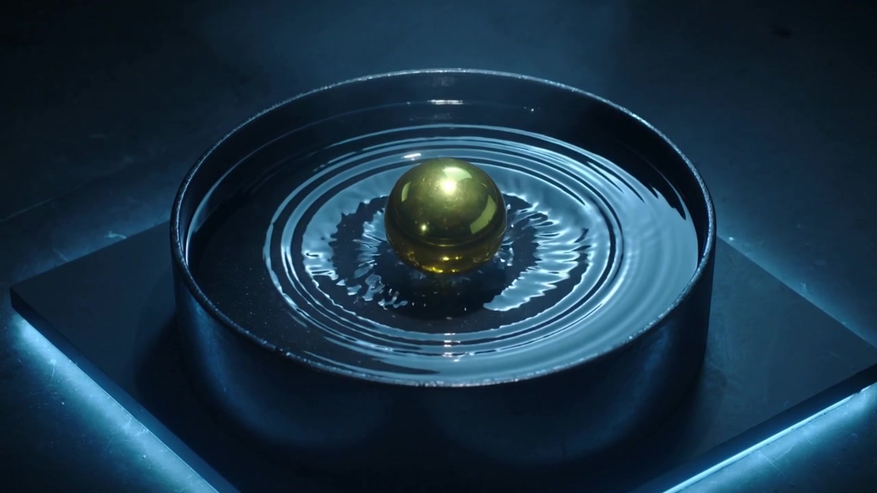 Contacting gold sphere sending circular ripples across dish in studio, reflecting overhead light
