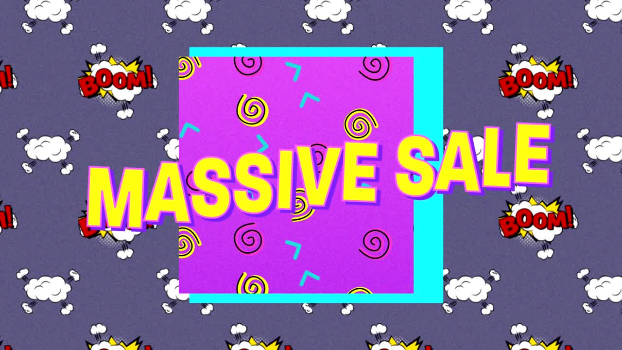 массовая продажа текста над бумом текста на речевых пузырях на фиолетовом фоне