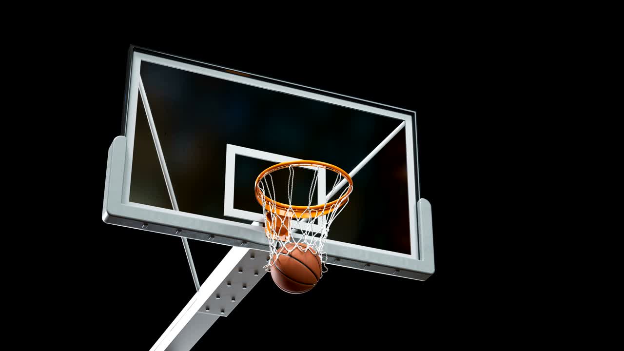 Beautiful Long Throw in a Basketball Hoop Slow Motion Camera Fly. Ball Flies Spinning into Basket Net on Black Background and Green Screen. Sport Concept. 3d Animation Alpha Matte 4k UHD 3840x2160.