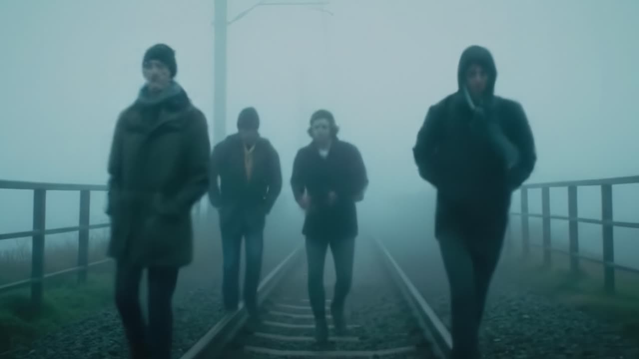 A Mysterious Group Navigates Foggy Train Tracks, Evoking a Sense of Journey and Adventure Amidst an Ethereal Landscape of Mystery and Uncertainty