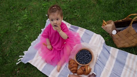 adorable baby girl eating blueberries at a picnic