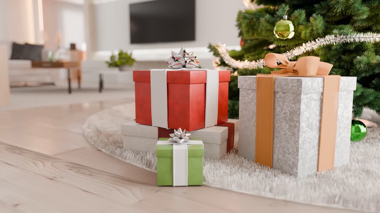 Ingepakte cadeaus onder een versierde kerstboom in een gezellige woonkamer.
