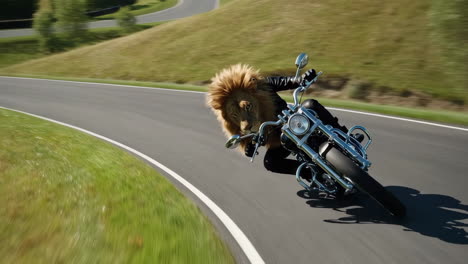 lion riding a motorcycle on a scenic road