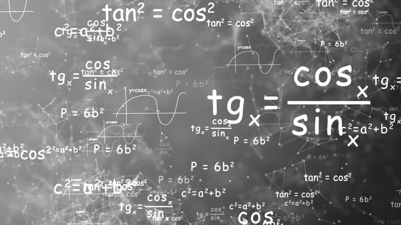 4k 3d seamless loop camera flies through white math formulas on black background math calculations