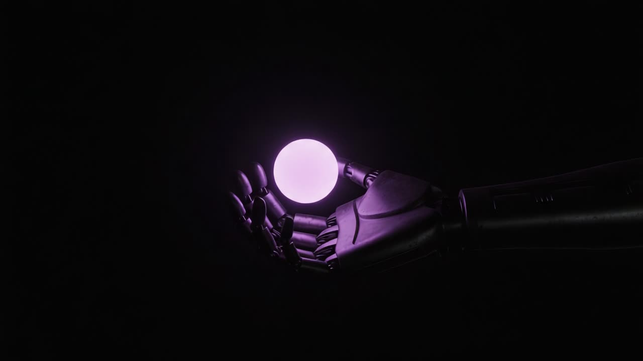 A robotic hand delicately holds a glowing purple sphere, representing the intersection of technology and creativity in a darkened environment