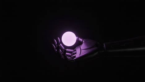 a robotic hand delicately holds a glowing purple sphere, representing the intersection of technology and creativity in a darkened environment