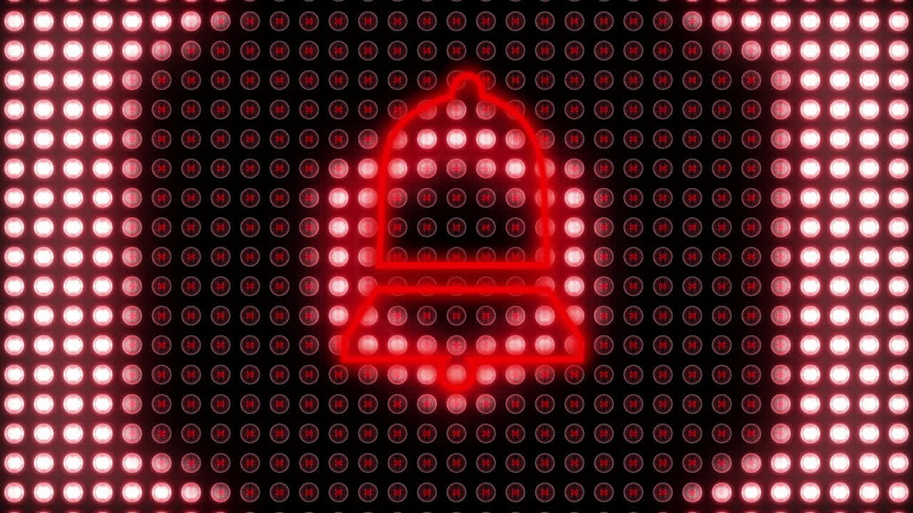 Animation of neon bell icon over glowing neon pattern on black background