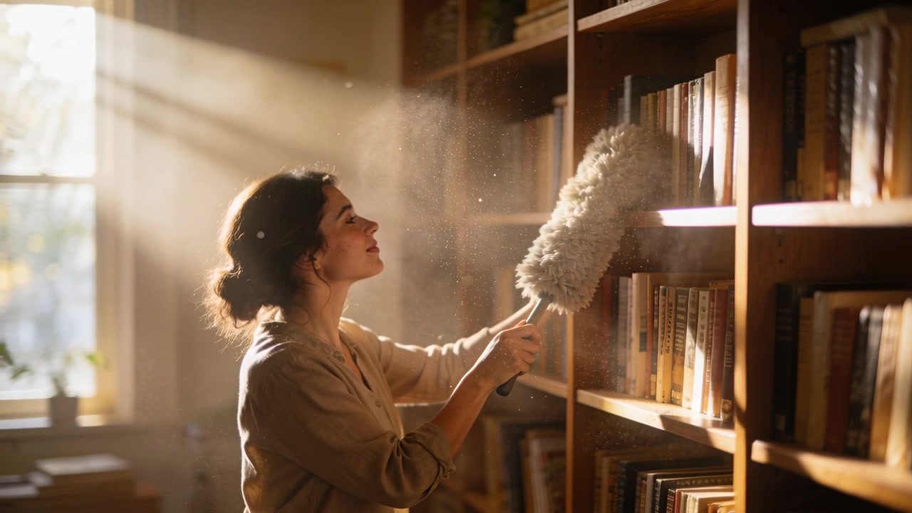 Lifting long duster, woman in beige shirt cleaning bookshelves at window, dust shining, copy space