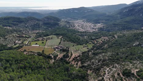 aerial flyover green mountains and fields in esporles during sunny day, mallorca - birds eye shot