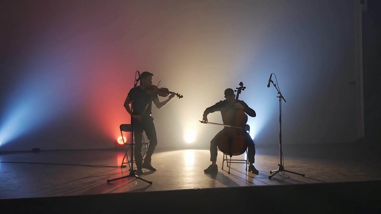 Lyssignal der indikerer stående violinist og siddende cellist, der udveksler buestrøg til en duet på scenen, violin og cello.