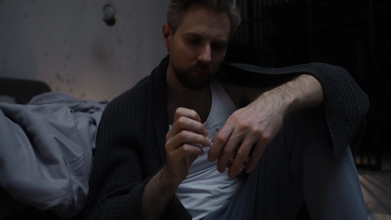 남자는 바닥에 앉아