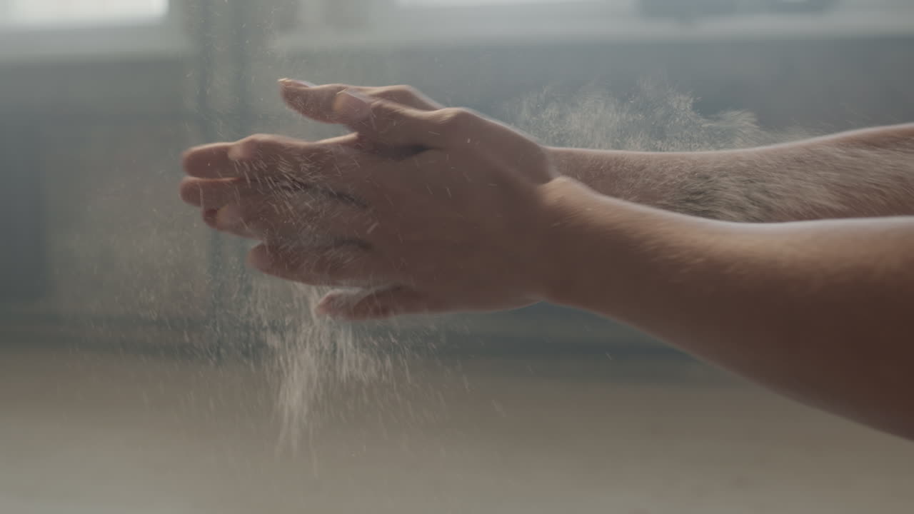 Woman Rubbing Hands With Chalk Powder At Workout