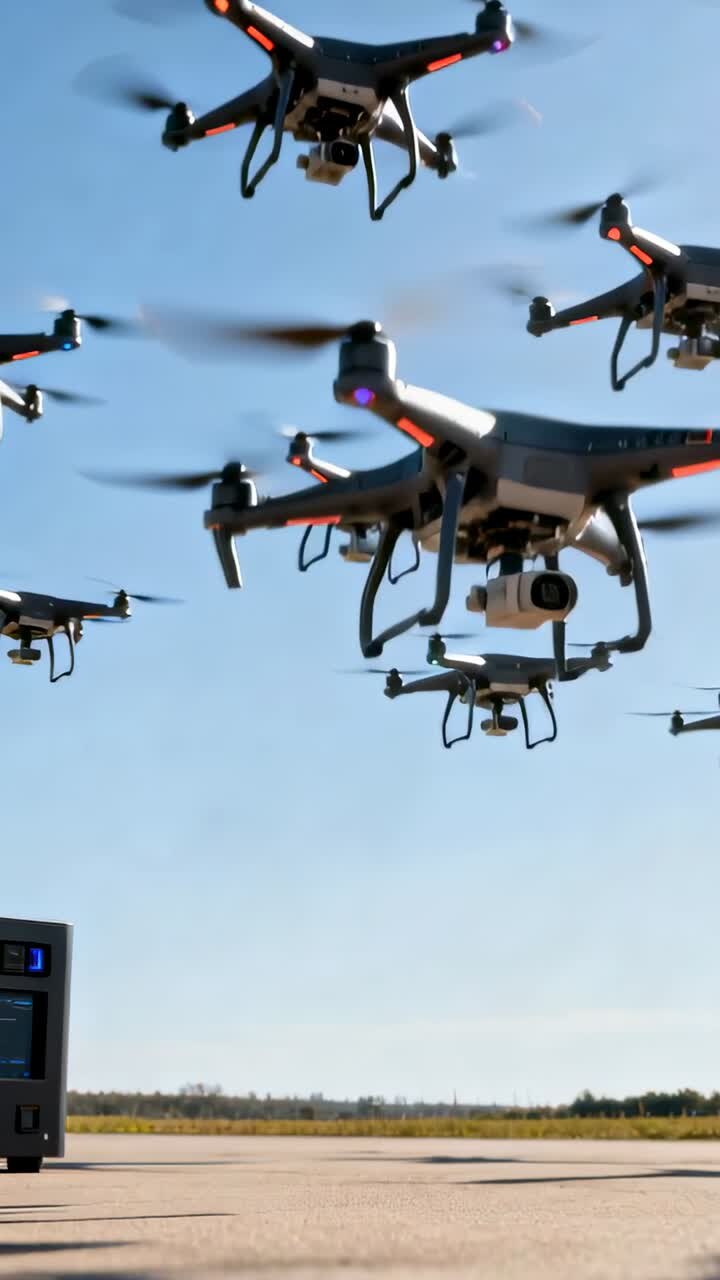 Vídeo vertical: Lançamento de drones por sinal de comando, subindo e se espalhando pela pista para levantamento