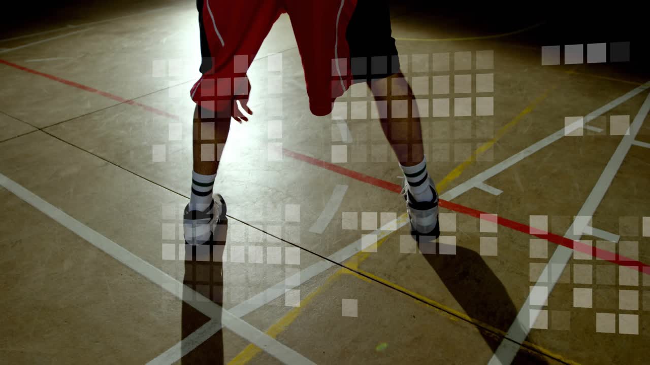 Player starting right dribble switching pausing resuming training in spot overlaying sports lines