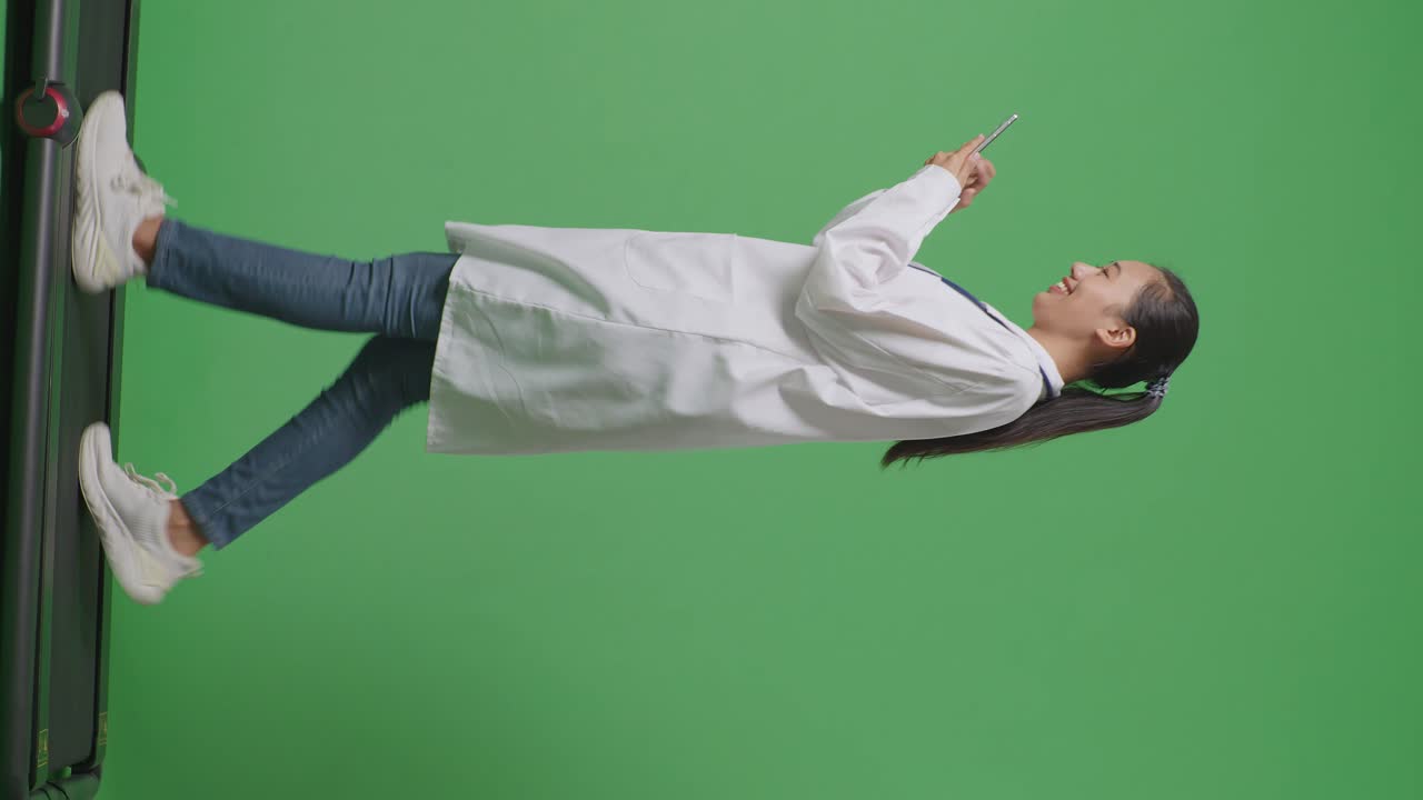 병원에서 녹색 화면 배경에서 걸어가는 동안 스마트폰을 사용하여 스테토스코프를 가진 아시아 여성 의사