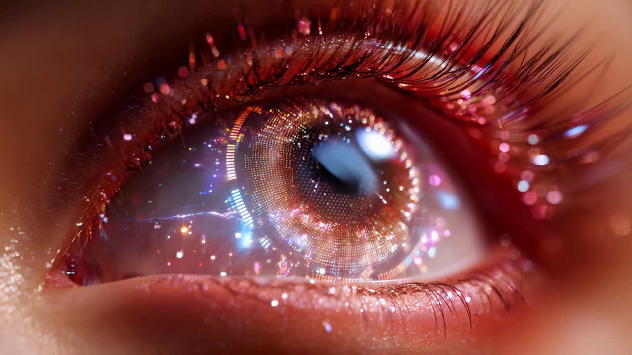 A Close-Up Journey Into the Enigmatic World of a Futuristic Eye: Exploring the Fusion of Human Emotion and Digital Aesthetics Through Mesmerizing Visuals and Sparkling Details