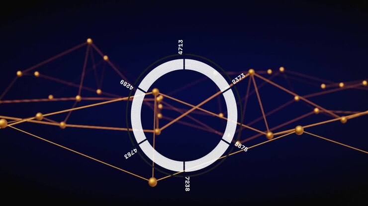 Grafico circolare con numeri e linee di connessione, animazione di visualizzazione dati.