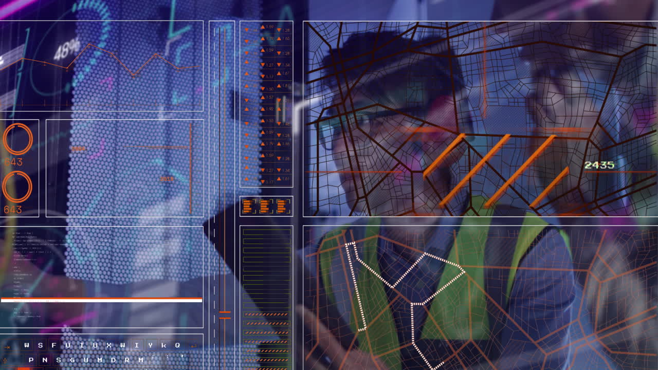 animación del procesamiento de datos sobre diversos ingenieros y ingenieras que trabajan en la sala de servidores de computadoras