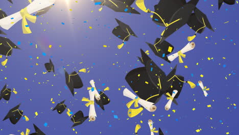 multiple graduation hat and diploma icons moving over confetti falling against blue background