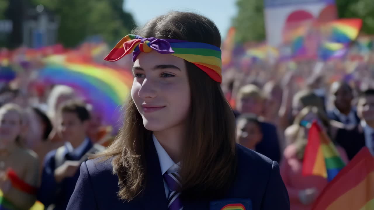Ung person med regnbuebandana smiler på en prideparade