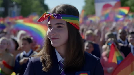 young person with rainbow bandana smiling at a pride parade