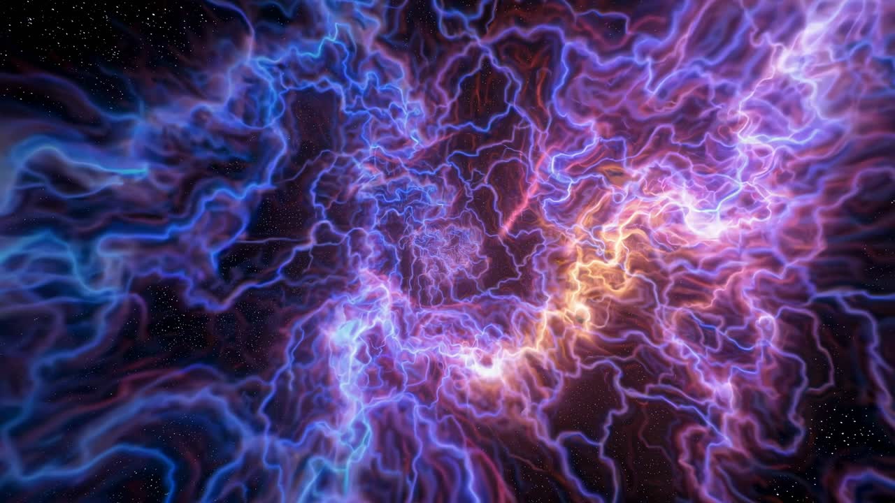 A dynamic, cosmic energy burst in vibrant blues and purples, captured from a wide-angle perspective