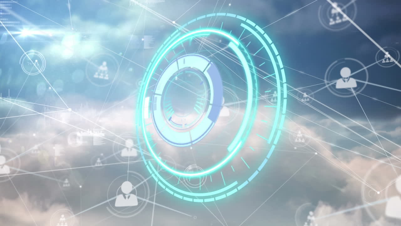 구름과 하늘을 가로지르는 범위 스캔과 연결 네트워크의 애니메이션