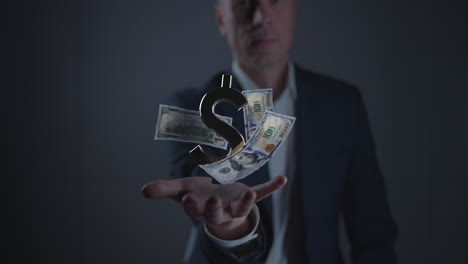 businessman holding dollar sign and flying money