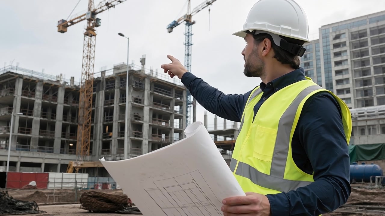 Ingeniero de construcción con casco y chaleco de seguridad sosteniendo planos en una obra de construcción.