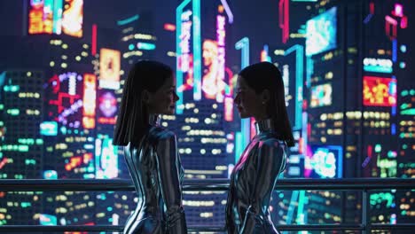twin figures in a futuristic cityscape