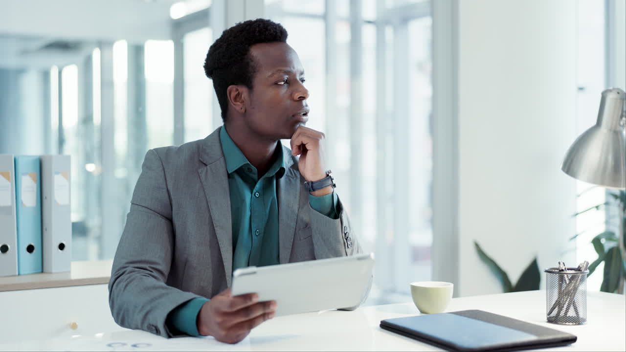 Business man, thinking and tablet for solution