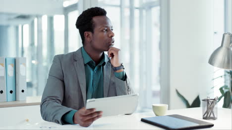 business man, thinking and tablet for solution